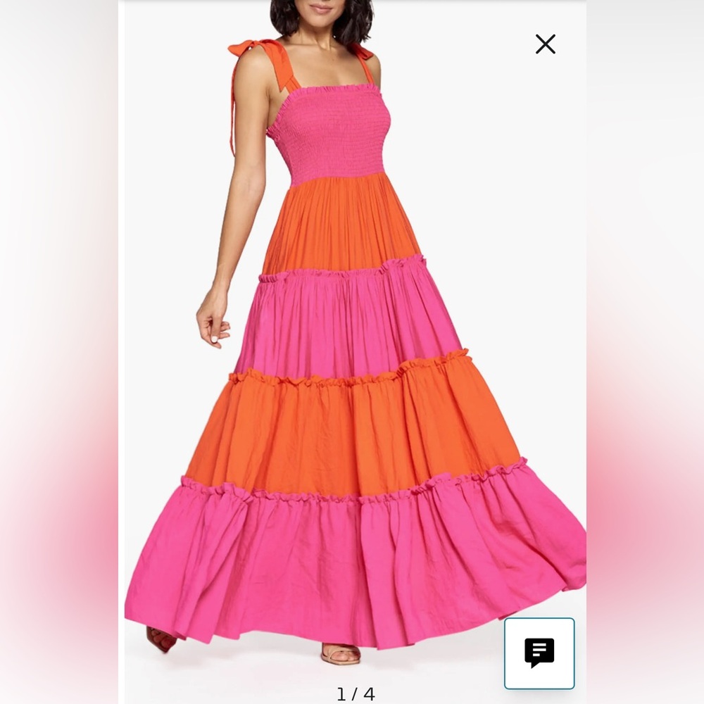 Tie-Shoulder Tiered Maxi Dress in Pink and Orange